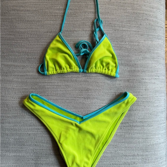 Frankie's Bikinis Other - Neon Lime Triangle Bikini with Teal Trim